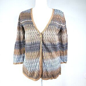Pendleton NWOT Tan Brown Navy One Button Linen Blend 3/4 Sleeve Cardigan Sweater